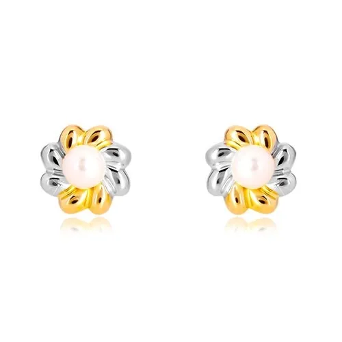 Náušnice v kombinovanom zlate 585 - dvojfarebný kvet s perlou uprostred