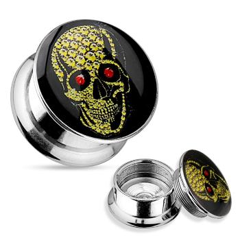 Plug do ucha z ocele 316L, strieborná farba, žltá lebka s červenými očami - Hrúbka: 8 mm