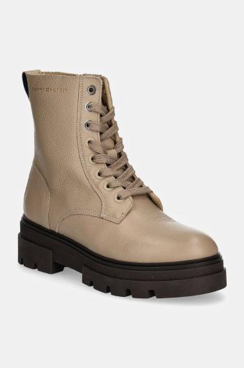 Kožené členkové topánky Tommy Hilfiger BICOLOR LEATHER LACE-UP dámske, béžová farba, na plochom podpätku, FW0FW08160