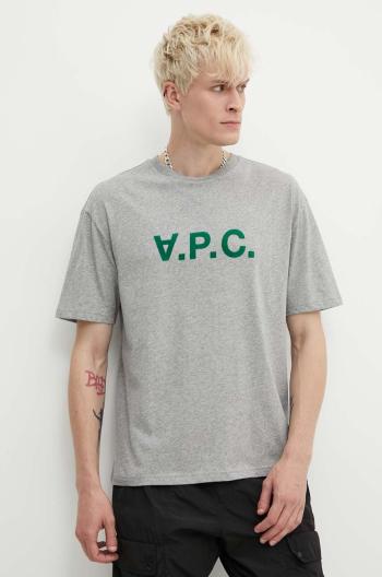 Bavlnené tričko A.P.C. T-Shirt River pánske, šedá farba, s potlačou, COFDW.H26324.PLB