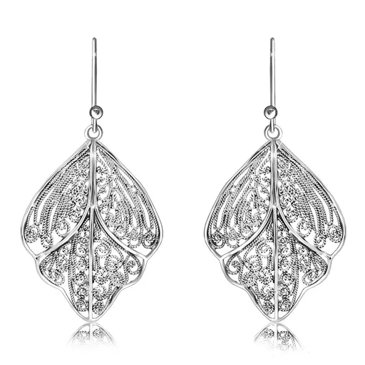 Visiace strieborné 925 náušnice - filigránový list s výrezom, lesklý povrch