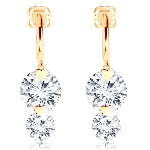 Náušnice zo žltého 14K zlata - okrúhle číre zirkóny a drobné ploché srdiečka