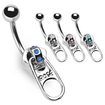 Piercing do pupka - zips, tri vsadené zirkóny - Farba zirkónu: Číra - C