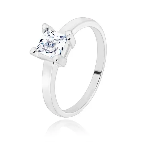 Strieborný 925 prsteň - úzke ramená, transparentný zirkónový štvorec, 5 mm - Veľkosť: 49 mm