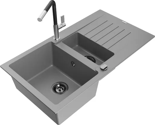 MEXEN/S MEXEN/S - Matias granitový drez 1.5 s odkvapkávačom vrátane batérie Flora, šedá 6502-71-670401-07-B