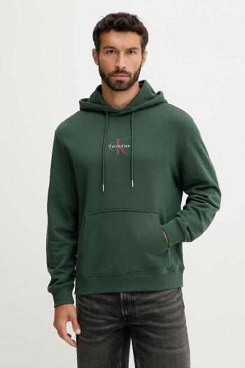 Bavlnená mikina Calvin Klein Jeans zelená farba, s kapucňou, s potlačou, LV04RD243G