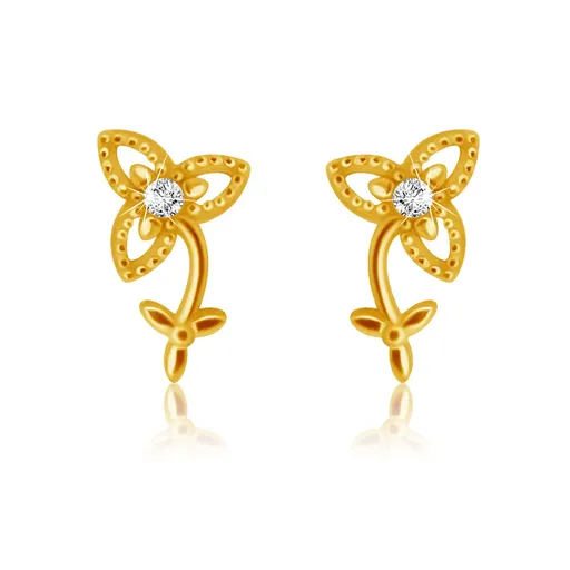Puzetové náušnice z 9K žltého zlata - trojlupeňový kvet so stopkou a listami, číry zirkón