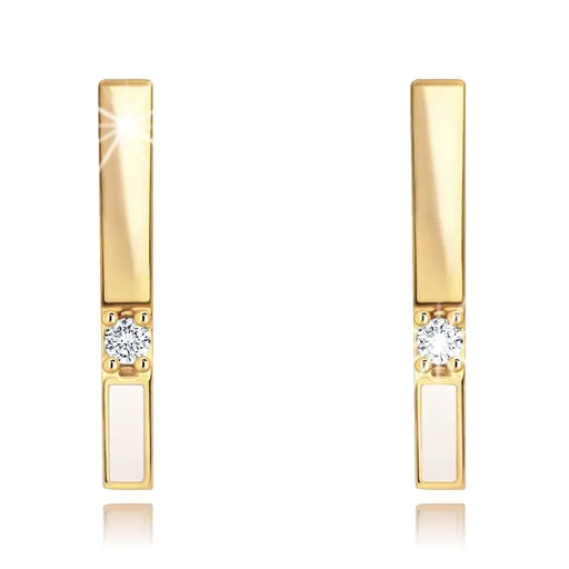 Náušnice v žltom 14K zlate, zvislý pásik zdobený bielou glazúrou a zirkónom
