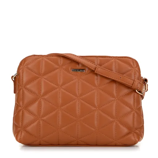Dámska crossbody kabelka s geometrickým vzorom z ekokože svetlohnedá 99-4Y-605-5