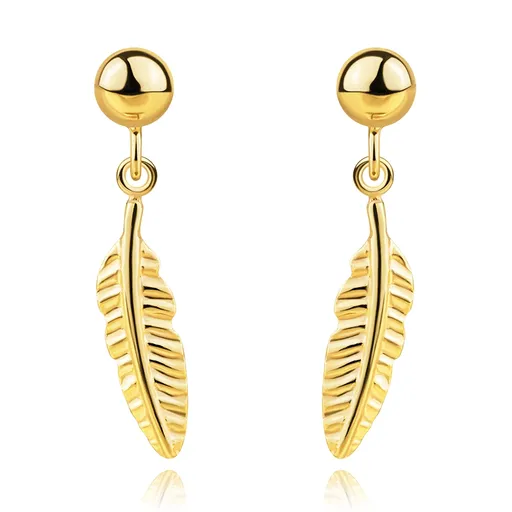 Náušnice zo žltého 9K zlata - gulička so štruktúrovaným pierkom, puzety