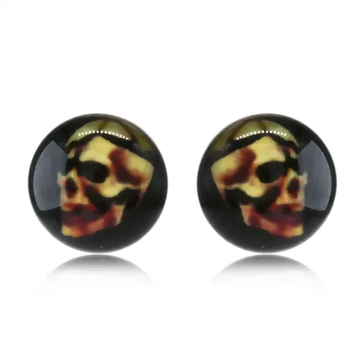 Náušnice z nehrdzavejúcej ocele - lebka na čiernom podklade, číra glazúra, puzetky