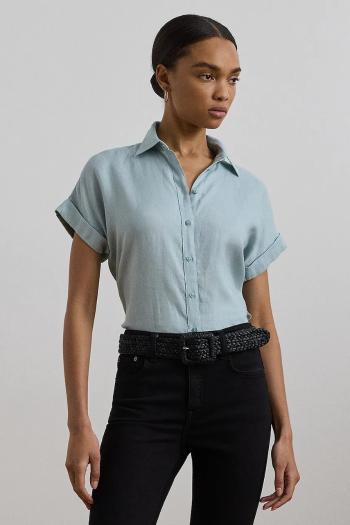 Ľanová košeľa Lauren Ralph Lauren zelená farba, voľný strih, s klasickým golierom, 200699152