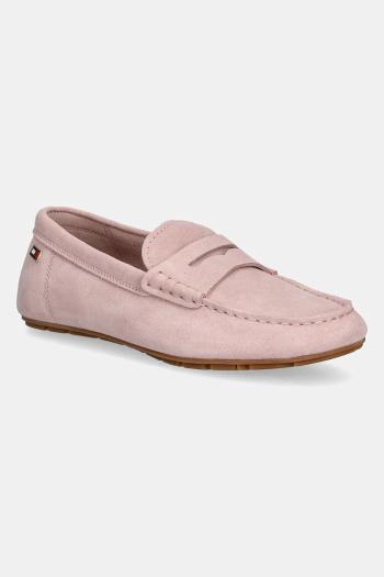 Semišové mokasíny Tommy Hilfiger FLAG SOFT SUEDE DRIVER LOAFER dámske, ružová farba, na plochom podpätku, FW0FW08558