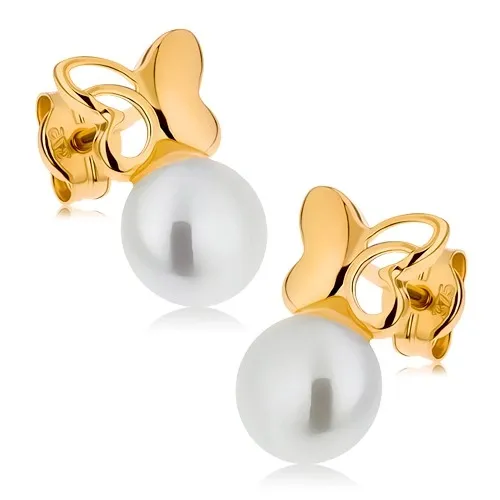 Zlaté náušnice 9K s motýľom a bielou kultivovanou perlou