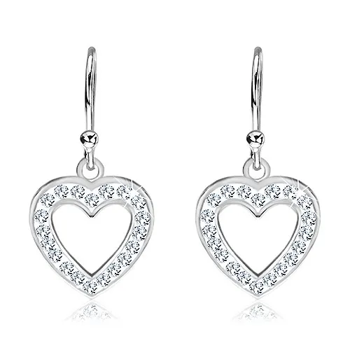 Visiace náušnice zo striebra 925 - prázdne srdce so zirkónmi po obvode