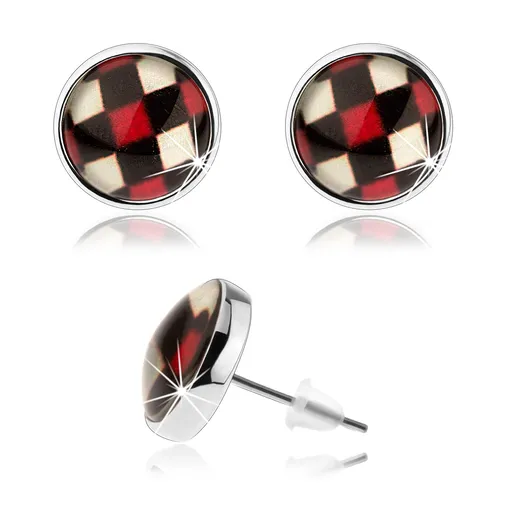 Náušnice kabošon, vypuklé sklo, vzor šachovnice, puzetky