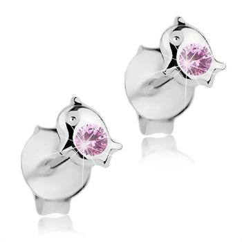 Strieborné 925 náušnice, malý lesklý delfín, svetloružový Swarovski krištáľ