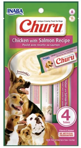 Inaba Churu Pyré dog Kura s lososom maškrta pre psy 4tuby 56g