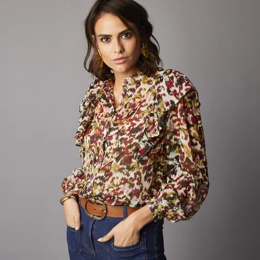 Košeľová blúzka s potlačou a nazberanými rukávmi