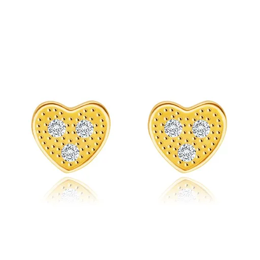 Náušnice zo žltého 9K zlata - srdiečko s troma zirkónikmi čírej farby