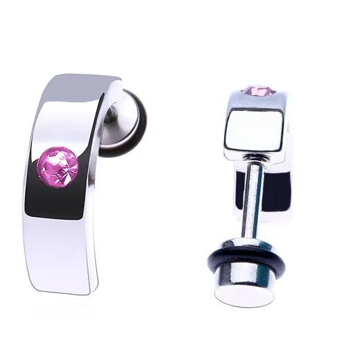 Oceľový fake piercing do ucha - lesklý pás s ružovým kamienkom