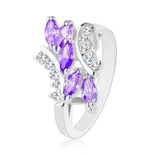 Prsteň striebornej farby, fialové zirkónové zrniečka, číre zahnuté línie - Veľkosť: 51 mm