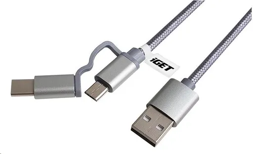 iGET G2V1 USB kábel 2v1, 1m, strieborný, microUSB aj USB-C, predĺžené koncovky