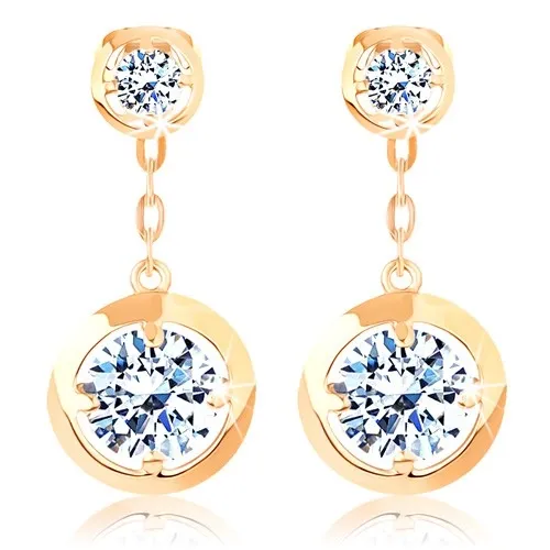 Náušnice zo žltého 14K zlata - okrúhle číre zirkóny s lesklým okrajom, retiazka