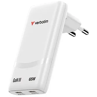 Verbatim 32355, Fold ,n, Go, GaN sieťová nabíjačka 2 USB-C PD 3.0, biela, 65W, pevná vidlica EU