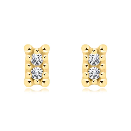 Náušnice v žltom 375 zlate - drobný obdĺžnik, dva okrúhle zirkóny