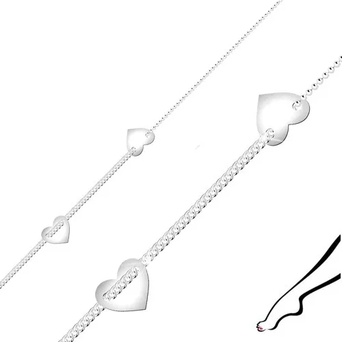 Náramok na nohu zo striebra 925 - srdiečka, retiazka z plochých očiek, guľôčková retiazka