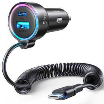 Joyroom 3in1 autonabíjačka USB / USB-C 55W + vstavaný kábel USB-C, čierna (JR-CL07)