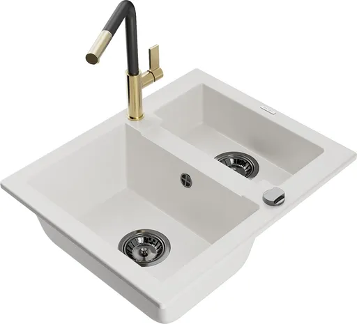 MEXEN/S MEXEN/S - Carlos granitový drez 1.5 vrátane batérie Flora, biela 6518-20-670401-57-B