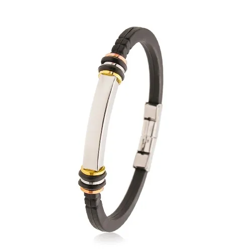 Náramok gumený čierny, oceľový hranol, trojfarebné kruhy, gumené kolieska