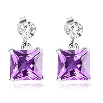 Náušnice zo striebra 925, číry krištáľ Swarovski, fialový zirkónový štvorec