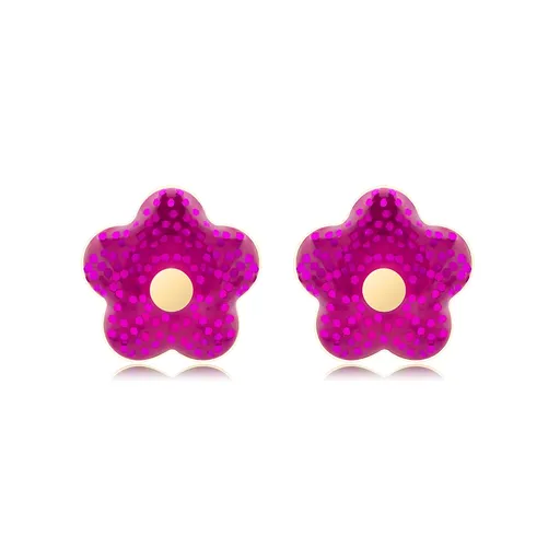 Zlaté náušnice 14K v tvare kvetu s fuchsiovými glitrami