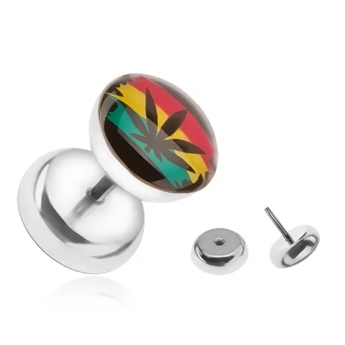 Oceľový falošný plug do ucha, farby Jamajky, marihuana