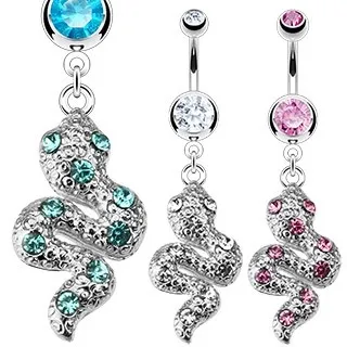 Piercing do pupku z ocele - trblietavý zvlnený had so zirkónmi - Farba zirkónu: Aqua modrá - Q