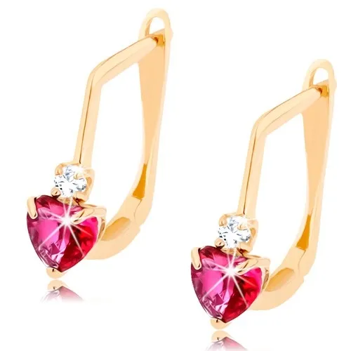 Náušnice v žltom 14K zlate - tmavoružové rubínové srdiečko, číry zirkón