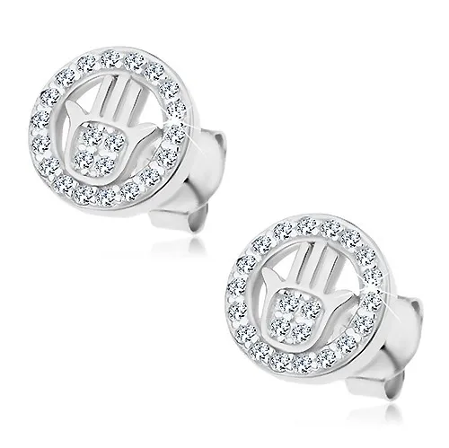 Puzetové náušnice - striebro 925, Fatimina ruka v kruhu, číre zirkóniky