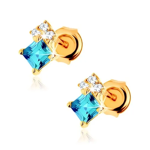 Zlaté náušnice 14K s topásom v tvare kosoštvorca a čírymi zirkónmi