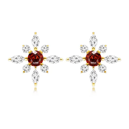 Náušnice zo žltého 14K zlata kvet s okrúhlym granátom a zirkónmi