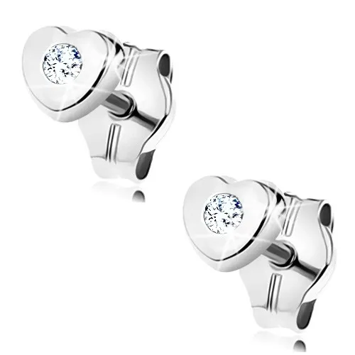 Náušnice z bieleho zlata 585 - malé súmerné srdiečko s čírym briliantom