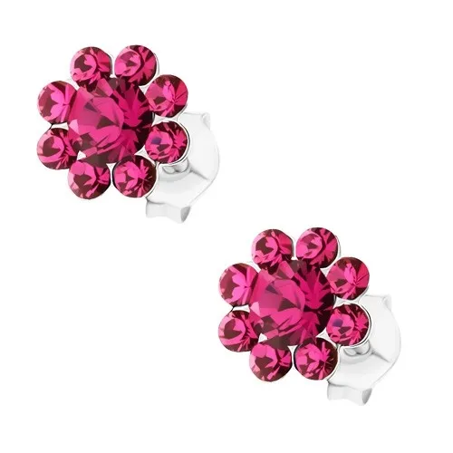 Strieborné náušnice 925, ligotavý kvet z ružových krištáľov Preciosa, puzetky