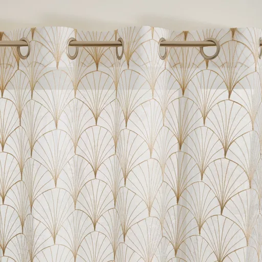 Voálová záclona so vzorom art deco, zakončená očkami