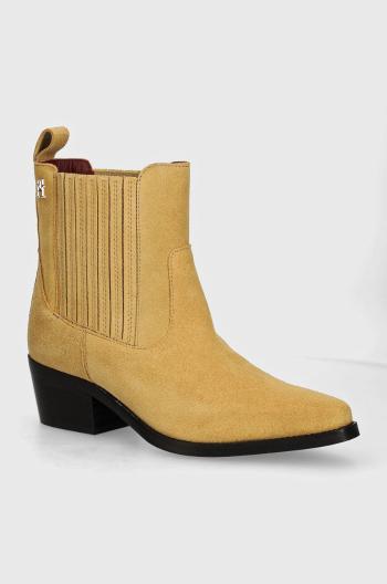 Semišové topánky chelsea Tommy Hilfiger TH SUEDE COWBOY BOOT dámske, béžová farba, na podpätku, FW0FW08034