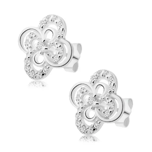 Náušnice zo striebra 925, kvietok s lesklými a zirkónovými obrysmi lupeňov