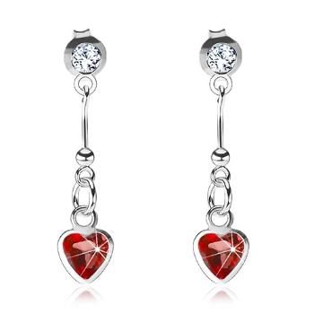 Náušnice zo striebra 925, červené srdce, palička s guličkou, číry Swarovski krištáľ