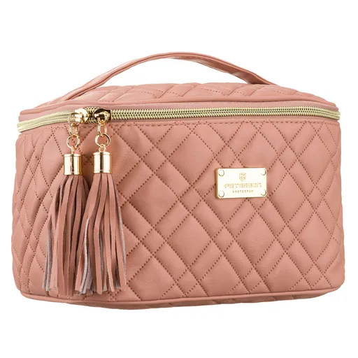 Ružová prešívaná dámska kozmetická taštička z textilného materiálu na zips