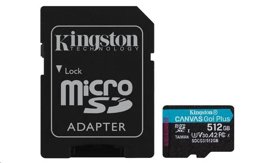 Kingston MicroSDXC karta 512GB Canvas Go! Plus, R: 170/W: 90MB/s, Class 10, UHS-I, U3, V30, A2 + Adaptér
